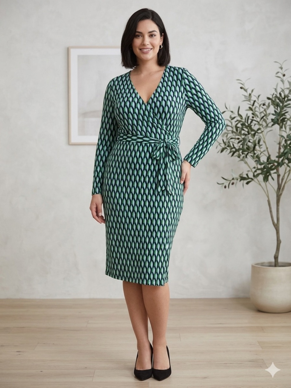 Women’s Long Sleeve Wrap Midi Dress in Geometric Print